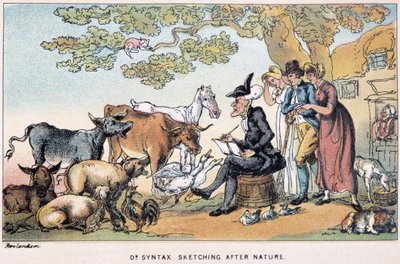 Doktor czerpie zwierzęta gospodarskie z natury – w „Trzech wycieczkach Doktora Syntaxa: w poszukiwaniu malowniczej pociechy i żony”” Williama Combe, chor. Rowlandson autorstwa Thomas Rowlandson