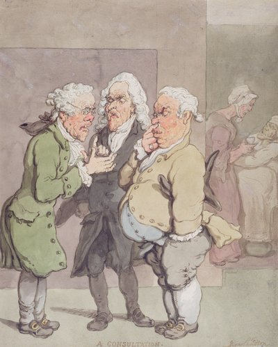 Konsultacja lekarska, 1815-1820 (pióro i atrament i toaleta nad grafitem na papierze) autorstwa Thomas Rowlandson