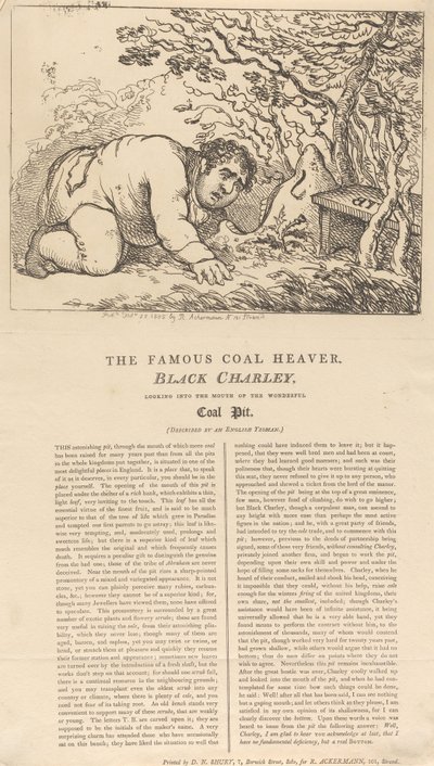 Słynny ładowacz węgla, Black Charley, spoglądający w otwór wspaniałej kopalni węgla autorstwa Thomas Rowlandson