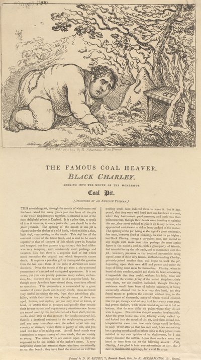 Słynny ładowacz węgla, Black Charley, spoglądający w otwór wspaniałej kopalni węgla autorstwa Thomas Rowlandson