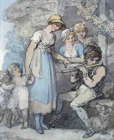 Flecista (pióro, akwarela i ołówek na papierze) autorstwa Thomas Rowlandson