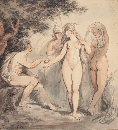 Sąd Paryża, sygnowany "Rowlandson" (w lewym dolnym rogu), pióro, brązowy tusz i akwarela, 7 ¼ x 6 ¾ cala. (18,4 x 17,2 cm). autorstwa Thomas Rowlandson