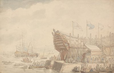 Wodowanie okrętu H.M.S. „Hibernia” w 1804 roku autorstwa Thomas Rowlandson