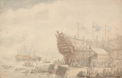 Uruchomienie H.M.S. Hibernia 1804 autorstwa Thomas Rowlandson