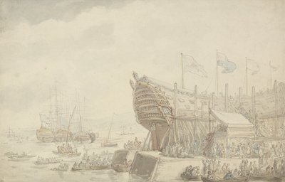 Uruchomienie H.M.S. „Hibernia” w Devonport, ok.1804 (pióro i atrament i akwarela na papierze) autorstwa Thomas Rowlandson