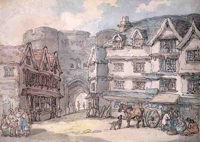 Brama Południowa, Exeter (pióro, akwarela i ołówek na papierze) autorstwa Thomas Rowlandson