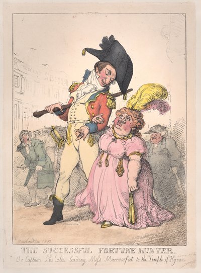 The Successful Fortune Hunter lub Captain Shelalee Leading Miss Marrowfat..., [1802], wznowione 1812. autorstwa Thomas Rowlandson
