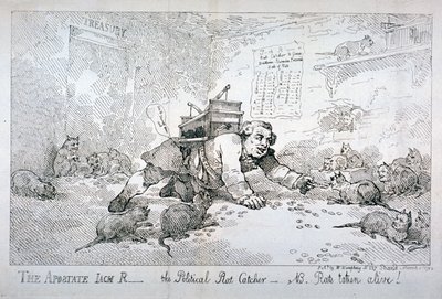 - Apostata Jack R - polityczny łapacz szczurów - NB. Szczury wzięte żywcem!”, 1784. autorstwa Thomas Rowlandson