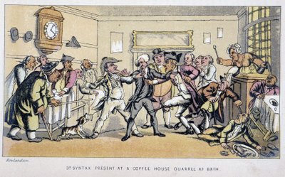 Lekarz w bistro, gdzie wybucha bójka – w „Trzech wycieczkach Doktora Syntaxa: w poszukiwaniu malowniczej pociechy i żony”” Williama Combe, chor. Rowlandson autorstwa Thomas Rowlandson
