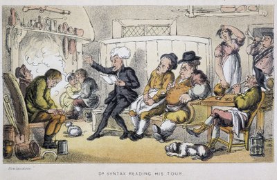 Lekarka czytająca na stypie – w „Trzech wyprawach doktora Syntaxa: w poszukiwaniu malowniczej pociechy i żony”” Williama Combe, chor. Rowlandson autorstwa Thomas Rowlandson