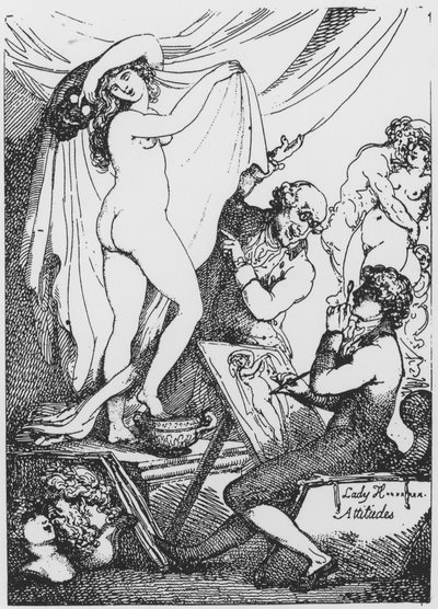 Przyszła Lady Hamilton udająca Hygeię, boginię zdrowia, w świątyni Eskulapa dr Jamesa Grahama autorstwa Thomas Rowlandson