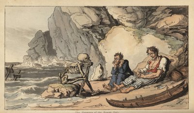 Szkieletowa postać Śmierci siedzi na plaży z dwoma rozbitkami marynarzy. Ręcznie kolorowany miedzioryt narysowany i grawerowany przez Thomasa Rowlandsona z The English Dance of Death, Ackermann, Londyn autorstwa Thomas Rowlandson