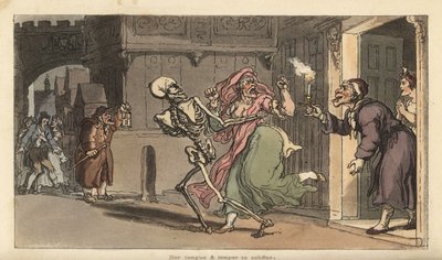 Szkielet Śmierci unosi Virago z domu, na co patrzy nocny stróż z latarnią. Ręcznie kolorowany miedzioryt narysowany i grawerowany przez Thomasa Rowlandsona z The English Dance of Death, Ackermann, Londyn autorstwa Thomas Rowlandson
