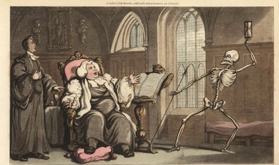 Szkielet Śmierci przychodzi po Biskupa w opactwie, gdy czyta Biblię na pulpicie i opiera swoją podagrę na poduszce. Ręcznie kolorowany miedzioryt narysowany i grawerowany przez Thomasa Rowlandsona z The English Dance of Death, Ackermann, Londyn autorstwa Thomas Rowlandson
