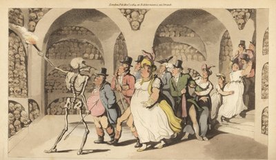 Szkielet Śmierci prowadzi grupę turystów przez katakumby w Paryżu. Ręcznie kolorowany miedzioryt narysowany i grawerowany przez Thomasa Rowlandsona z The English Dance of Death, Ackermann, Londyn autorstwa Thomas Rowlandson