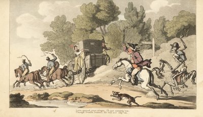 Szkielet Śmierci dołącza do zirytowanego ojca, który próbuje powstrzymać jego jedyną córkę przed ucieczką z żołnierzem dyliżansem do Gretna Green. Ręcznie kolorowany miedzioryt narysowany i grawerowany przez Thomasa Rowlandsona z The English Dance of Death autorstwa Thomas Rowlandson