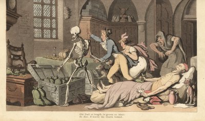 Szkielet Śmierci prowadzi chciwe dzieci do złotego kufra skąpca, który leży martwy na łóżku, ściskając testament i worek pieniędzy. Ręcznie kolorowany miedzioryt narysowany i grawerowany przez Thomasa Rowlandsona z The English Dance of Death, Ackermann, Lo autorstwa Thomas Rowlandson