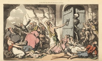Szkielet Śmierci wychyla się zza drzwi śmierci, aby zobaczyć tłum otyłych, kulawych, kalekich, starych i obłąkanych ludzi czekających na wyzwolenie z męki życia. Ręcznie kolorowany miedzioryt rysowany i grawerowany przez Thomasa Rowlandsona z The English D autorstwa Thomas Rowlandson