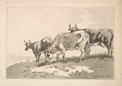 Trzy krowy stojące na grzbiecie pola, 1784-87. autorstwa Thomas Rowlandson