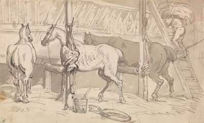Trzy konie w boksach autorstwa Thomas Rowlandson