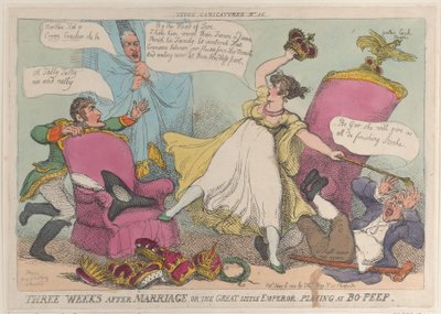 Trzy tygodnie po ślubie, czyli Wielki Mały Cesarz bawiący się w Bo-Peep, 15 maja..., 15 maja 1810. autorstwa Thomas Rowlandson