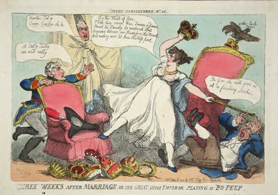 Trzy tygodnie po ślubie, czyli Wielki Mały Cesarz grający Bo-Peep, wyd. 1810 (ręcznie kolorowane grawerowanie) autorstwa Thomas Rowlandson