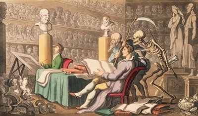 Time and Death their Thoughts ImpartOn Works of Learning and of Art, z "Angielskiego tańca śmierci" wydanego przez Rudolpha Ackermanna (1764-1834) 1814 (akwatinta) autorstwa Thomas Rowlandson
