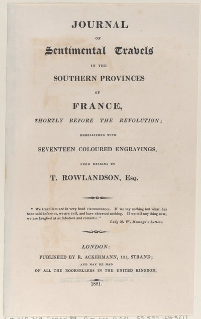 Strona tytułowa, z Journal of Sentimental Travels in the Southern Provinces of France, Shor..., 1821. autorstwa Thomas Rowlandson
