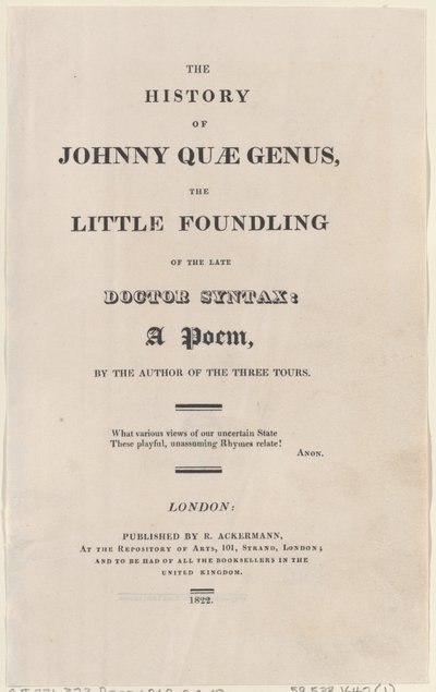 Strona tytułowa, z The History of Johnny Quae Genus, The Little Foundling of the Late Docto..., 1822. autorstwa Thomas Rowlandson