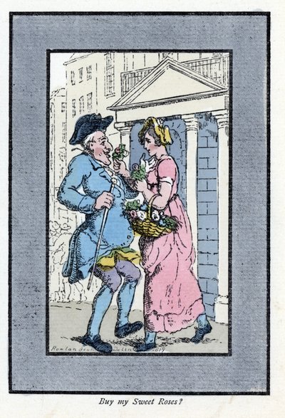 Wędrowny sprzedawca kwiatów, zbliżający się do uśmiechniętego dżentelmena z bukietem róż (1819). Drzeworyt, oparty na obrazie Thomasa Rowlandsona (1756-1827), opublikowany w The Cris of London: z sześciorgiem uroczych dzieci i prawie 40 ilustracjami, b autorstwa Thomas Rowlandson