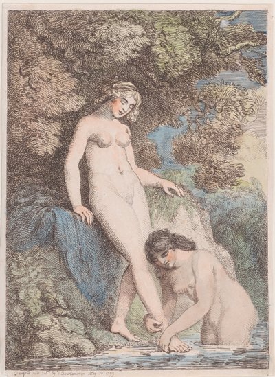 Dwie kąpiące się nimfy, jedna myjąca nogę drugiej, 20 maja 1799, 20 maja 1799. autorstwa Thomas Rowlandson