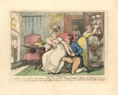Dwoje kochanków w salonie niepokojonym przez wścibskie pokojówki. autorstwa Thomas Rowlandson