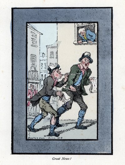 Dwóch sprzedawców gazet z długimi gwizdkami, sprzedających gazety na londyńskiej ulicy. Drzeworyt, oparty na obrazie Thomasa Rowlandsona (1756-1827), opublikowanym w The Cris of London: z sześciorgiem uroczych dzieci i prawie 40 ilustracjami, autorstwa And autorstwa Thomas Rowlandson