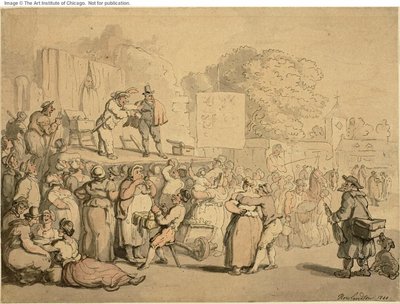Jarmark wiejski: Harlequin i Quack autorstwa Thomas Rowlandson