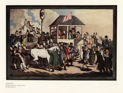 Ważenie dżokeja na zestawie wag na torze wyścigowym autorstwa Thomas Rowlandson