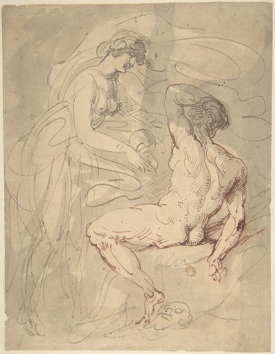 Kobieta rozmawiająca z siedzącym nagim mężczyzną autorstwa Thomas Rowlandson