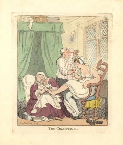 Kobieta, której stopy są boleśnie leczone przez pedicure. autorstwa Thomas Rowlandson
