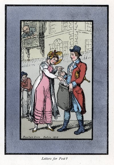 Kobieta płacąca i wkładająca list do torby niesionej przez pracownika brytyjskiej poczty królewskiej. Drzeworyt, oparty na obrazie Thomasa Rowlandsona (1756-1827), opublikowany w The Cris of London: z sześciorgiem uroczych dzieci i prawie 40 ilustracjami,  autorstwa Thomas Rowlandson