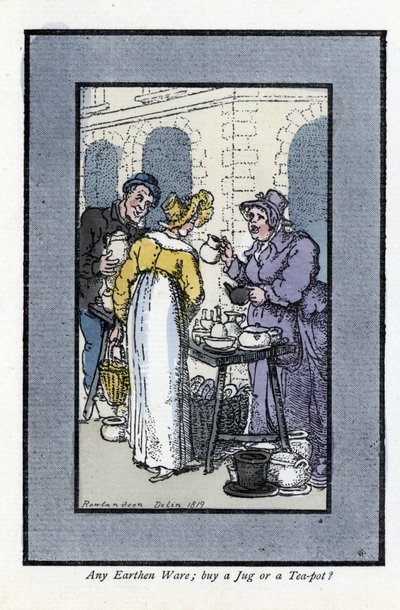 Kobieta sprzedająca dzbanki, czajniki i miski ma róg ulicy. Elegancka młoda kobieta patrzy na towary. Drzeworyt, oparty na obrazie Thomasa Rowlandsona (1756-1827), opublikowany w The Cris of London: z sześciorgiem uroczych dzieci i prawie 40 ilustratorami autorstwa Thomas Rowlandson