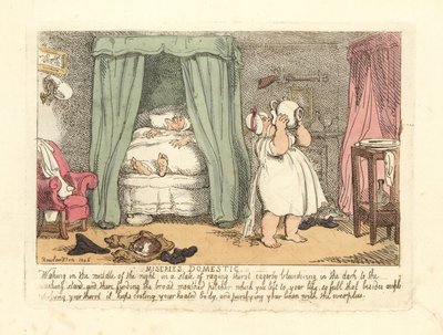 Kobieta wylewa na siebie dzban wody w nocy. autorstwa Thomas Rowlandson