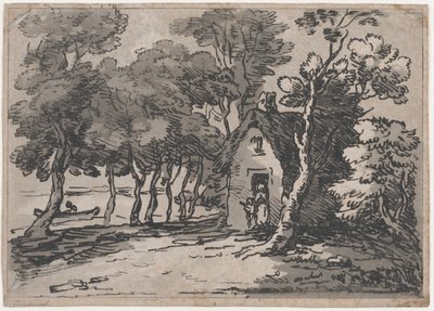 Scena zalesiona z figurami przy drzwiach chaty, 1783-88., 1783-88. autorstwa Thomas Rowlandson