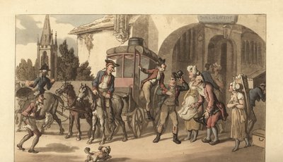 Młody angielski dżentelmen przybywający do francuskiej poczty autorstwa Thomas Rowlandson