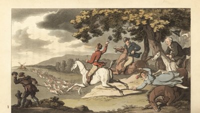Młody angielski dżentelmen jedzie z psami w polowaniu na jelenia autorstwa Thomas Rowlandson