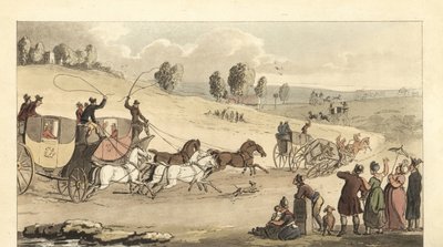 Młodzi angielscy dżentelmeni ścigający się powozami czterokonnymi po drodze autorstwa Thomas Rowlandson