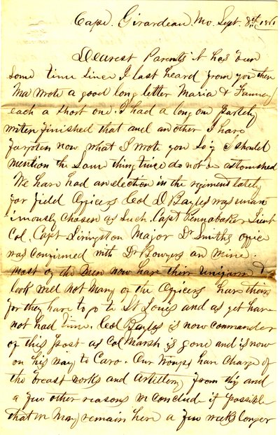 List podpisany T.S. Hawley, Cape Girardeau, Missouri, do rodziców, 8 września 1861 r autorstwa Thomas S. Hawley
