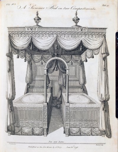 Łóżko letnie w dwóch przedziałach: płyta 41, z „Książki rysunkowej Stolarz i tapicer” Thomasa Sheratona, cz. III, wyd. G. Terry, czerwiec 1793 (druk czarno-biały) autorstwa Thomas Sheraton