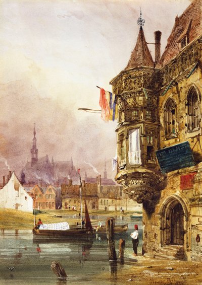 Postać obok budynku, Gandawa, z barkami na rzece Leye za nią, 1833 autorstwa Thomas Shotter Boys