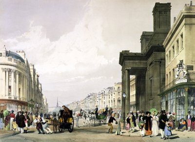Ulica Regent patrząca w stronę Kwadrantu z Kaplicą Hanowerską na pierwszym planie i promenadą dla kupujących, 1842 autorstwa Thomas Shotter Boys
