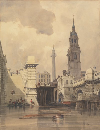 Kościół św. Magnusa Męczennika, London Bridge, z pomnikiem w tle autorstwa Thomas Shotter Boys