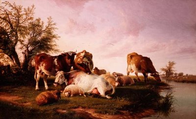Wypas owiec i bydła nad brzegiem rzeki autorstwa Thomas Sidney (after) Cooper